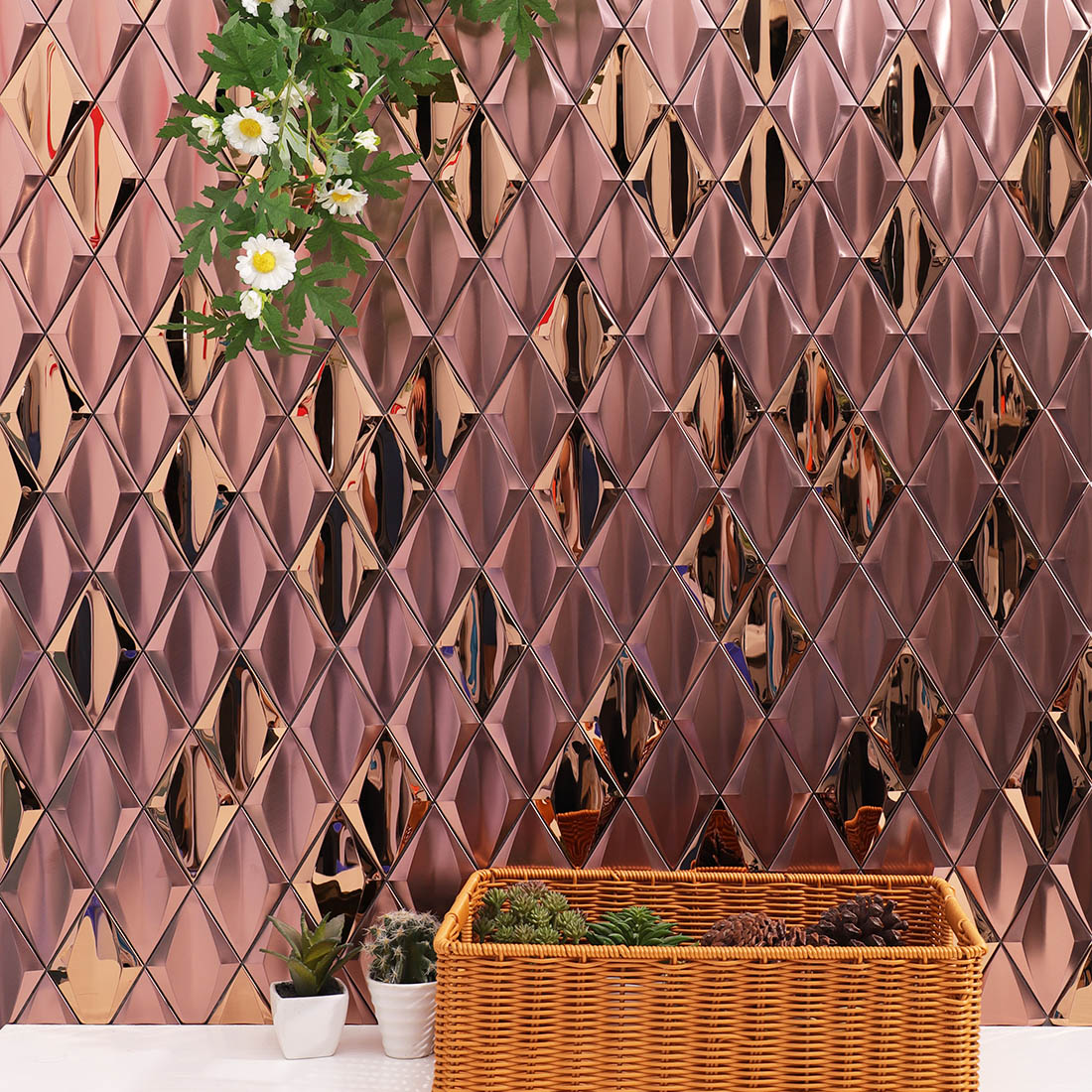 Rose gold diamond metal mosaic wall tile installed as a decorative backsplash