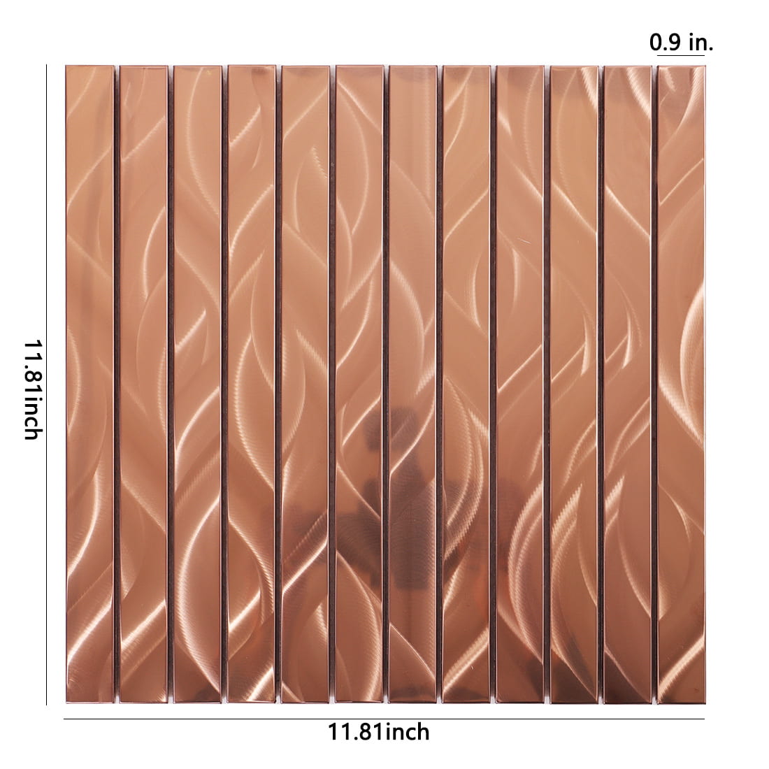 Rose gold linear metal mosaic tile sheet with dimension markings in inches.
