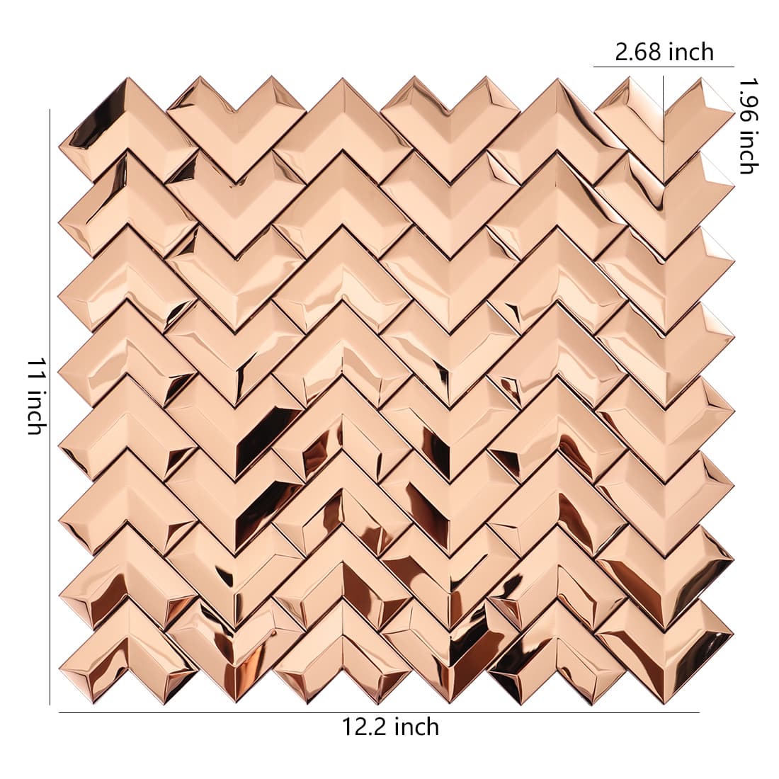 Rose gold mirror chevron metal tile sheet with dimension markings in inches.