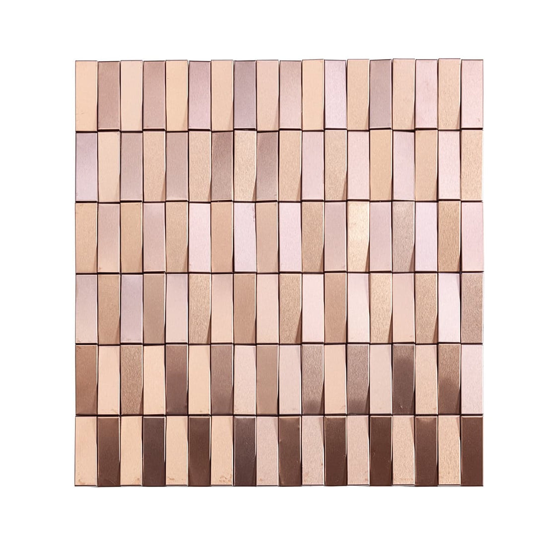 Front view of a rose gold rectangular stainless steel mosaic tile sheet.