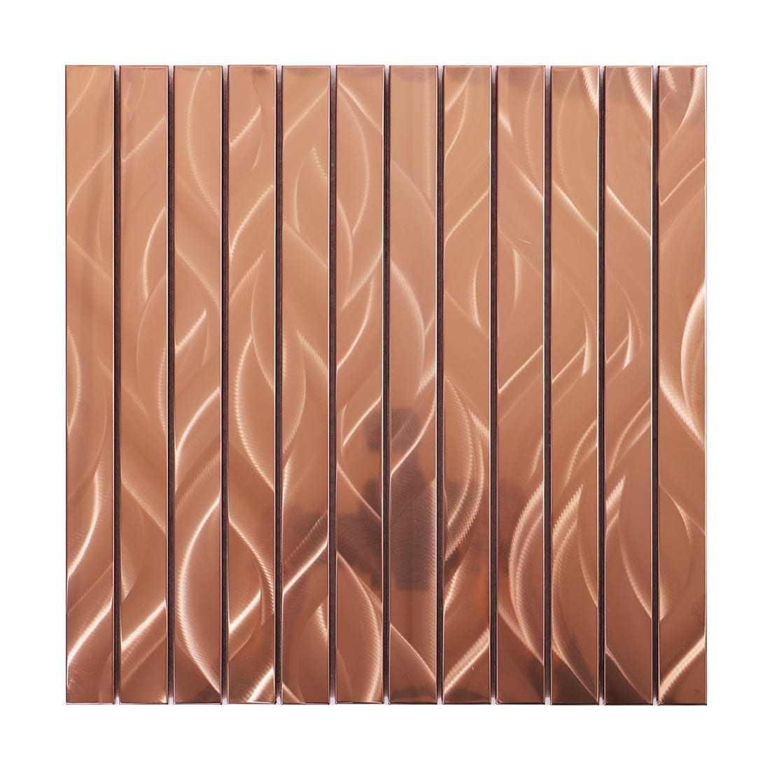 Front view of a rose gold vertical strip metal mosaic tile sheet.