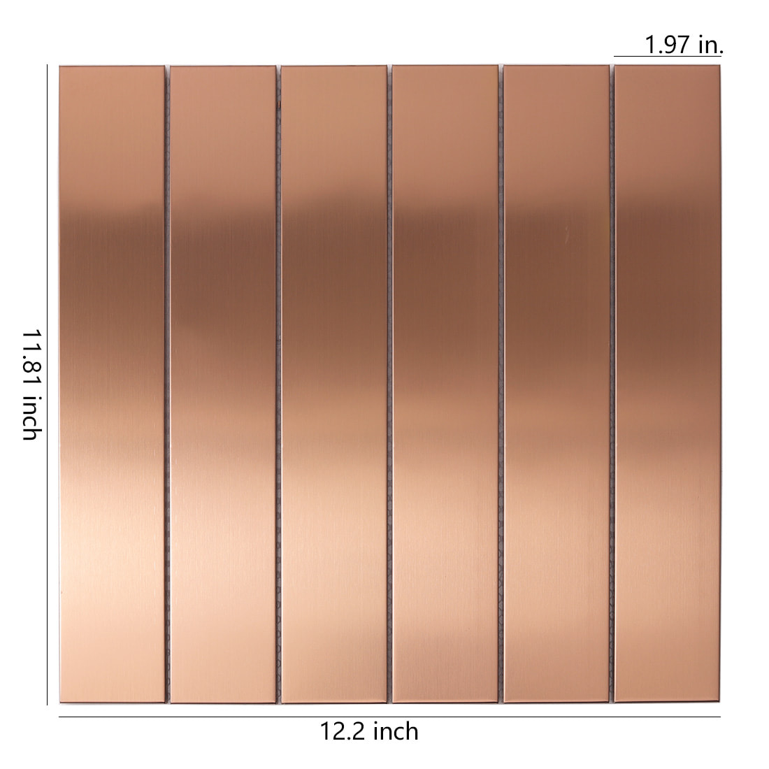 Front view of rose gold brushed linear tile with dimensions.
