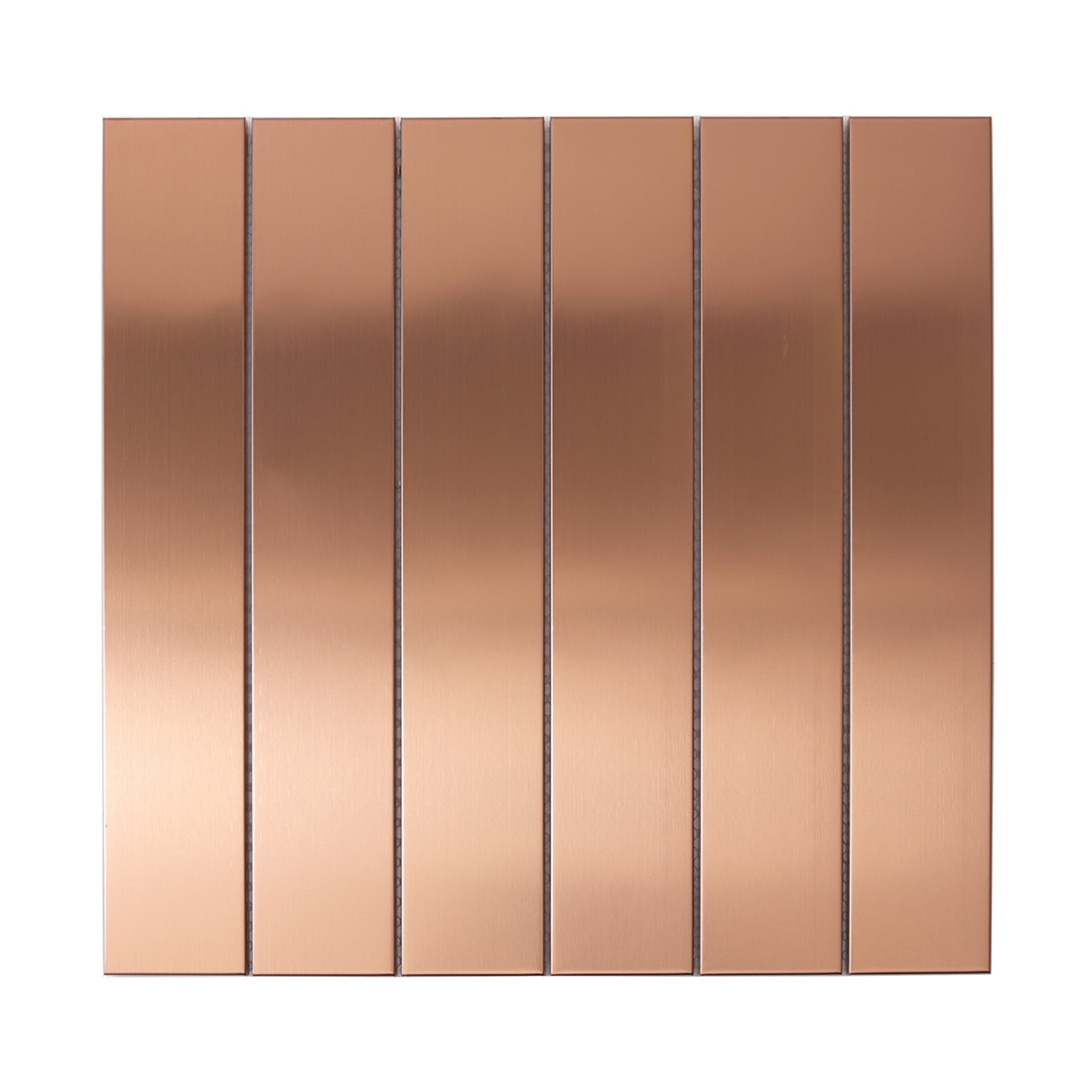 Full square sheet of rose gold brushed stainless steel strip tiles.