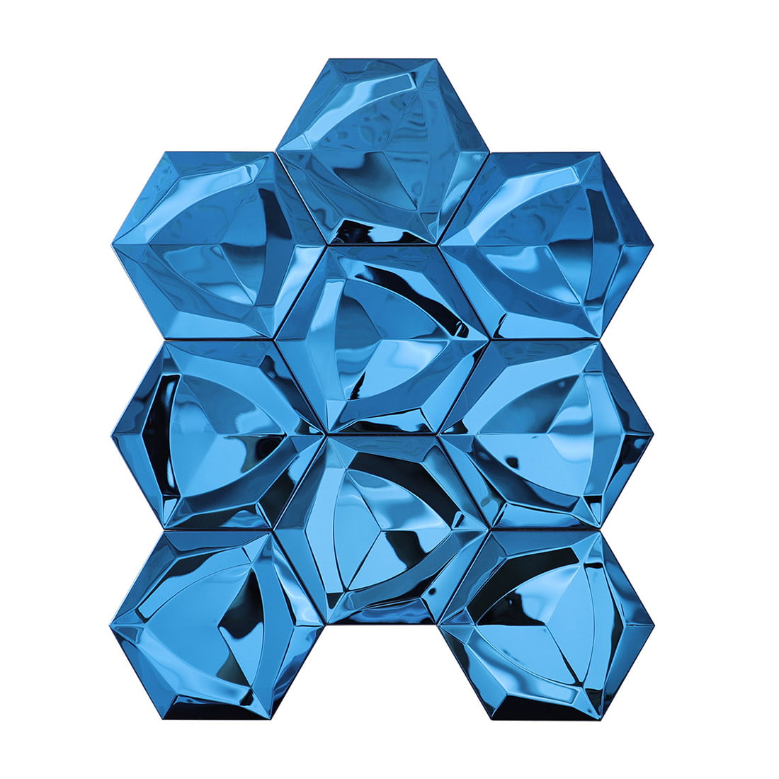 Front view of a royal blue 3D diamond cut hexagon mosaic tile sheet.