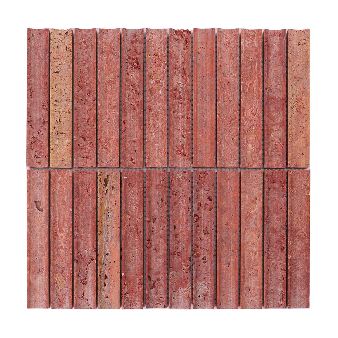 Rust red travertine long strip mosaic sheet with natural pores and color variation