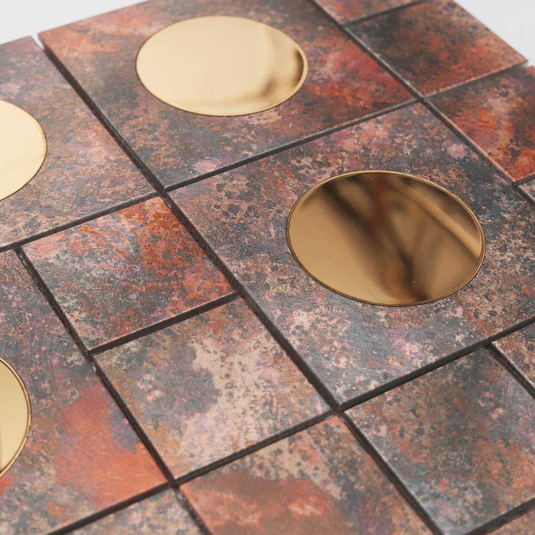 Rustic copper aluminum mosaic tile with glossy round glass accents