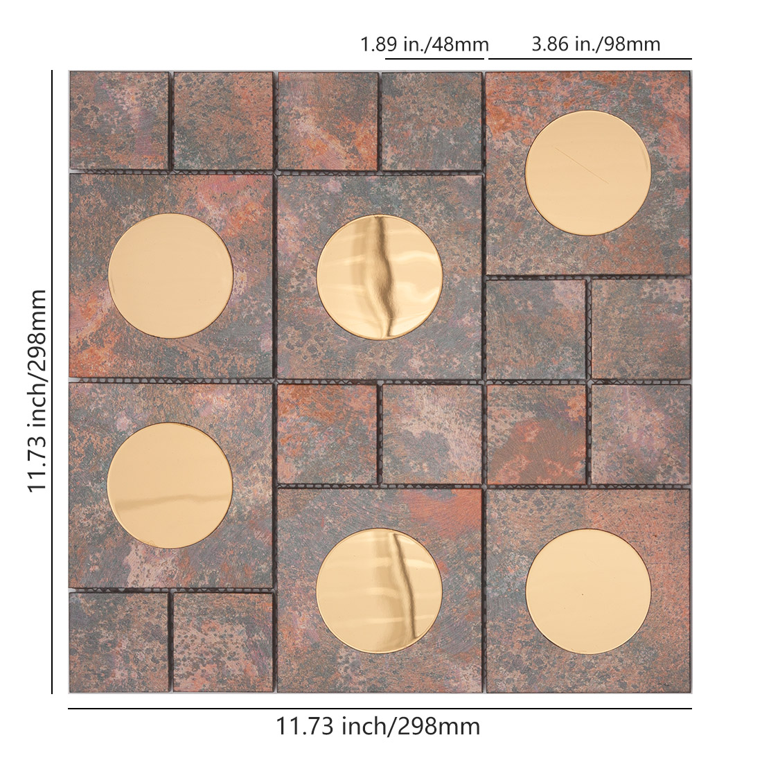 Rustic copper aluminum mosaic tile sheet with round mirror glass inserts