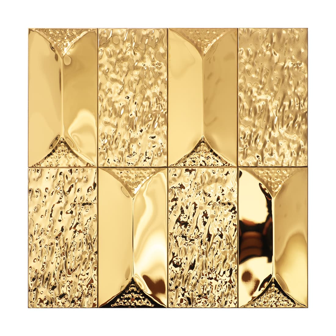 Close-up view of gold textured and smooth wall tiles arranged in a patterns