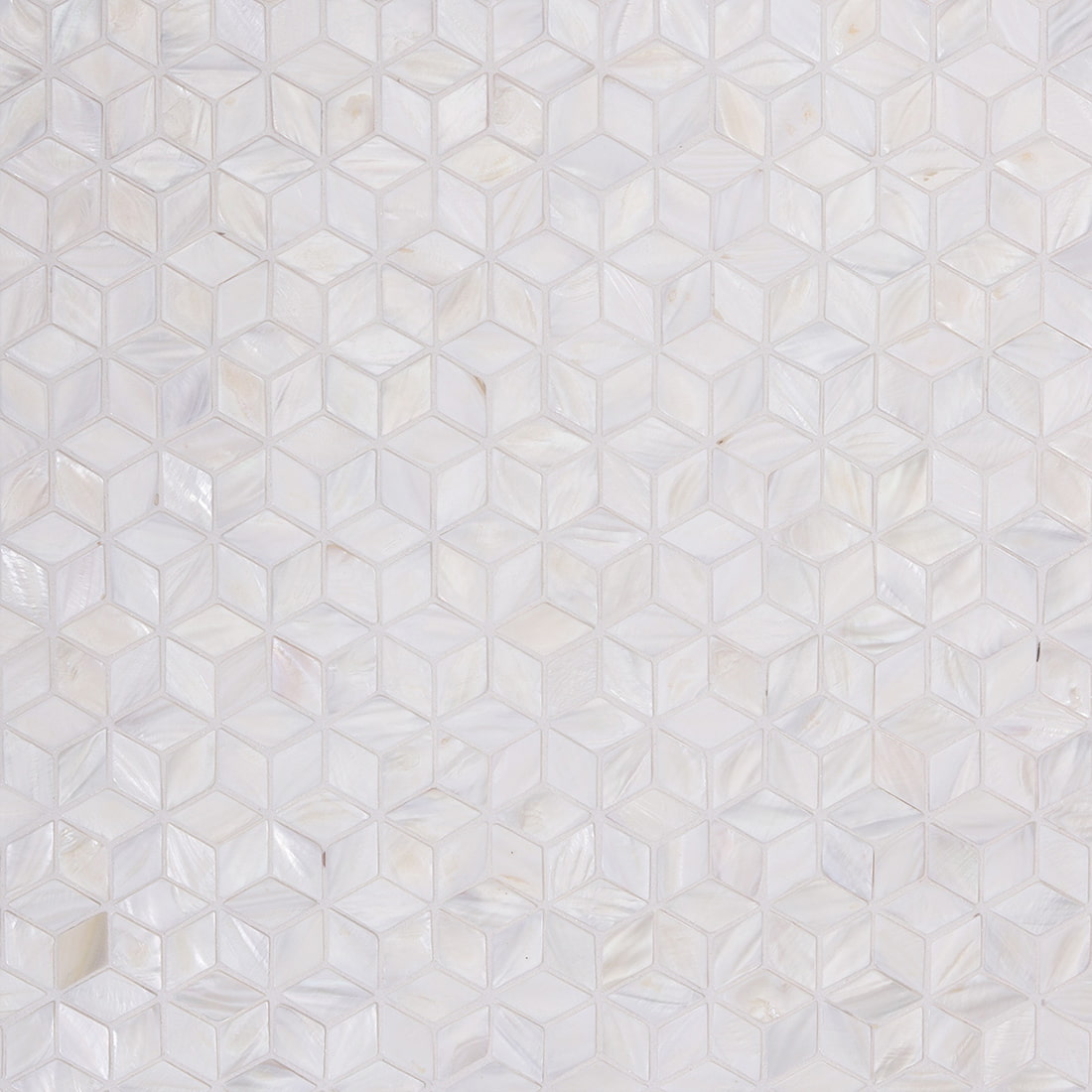 Full surface view of white shell cube mosaic tile installation