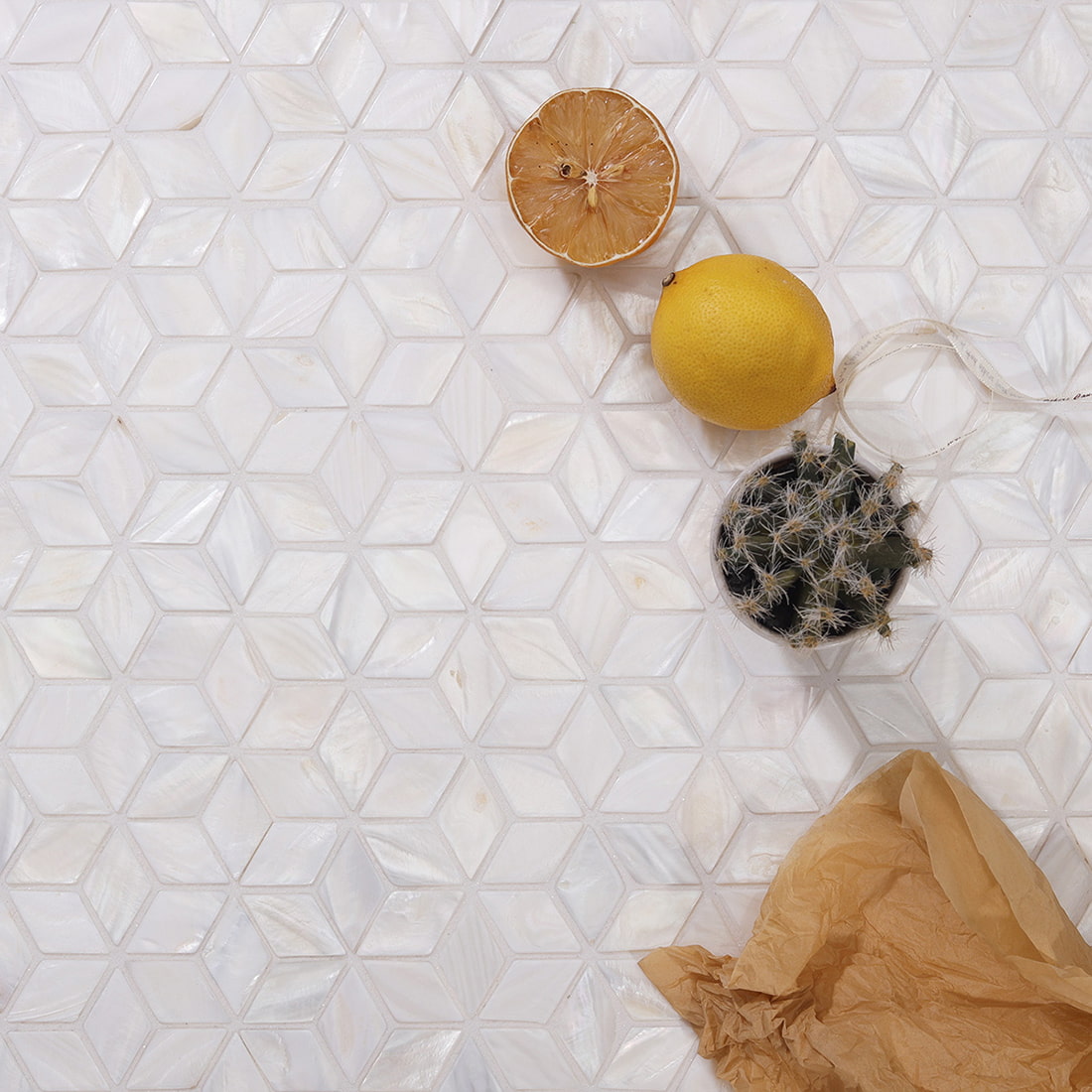 White shell cube mosaic tile texture styled with seashells