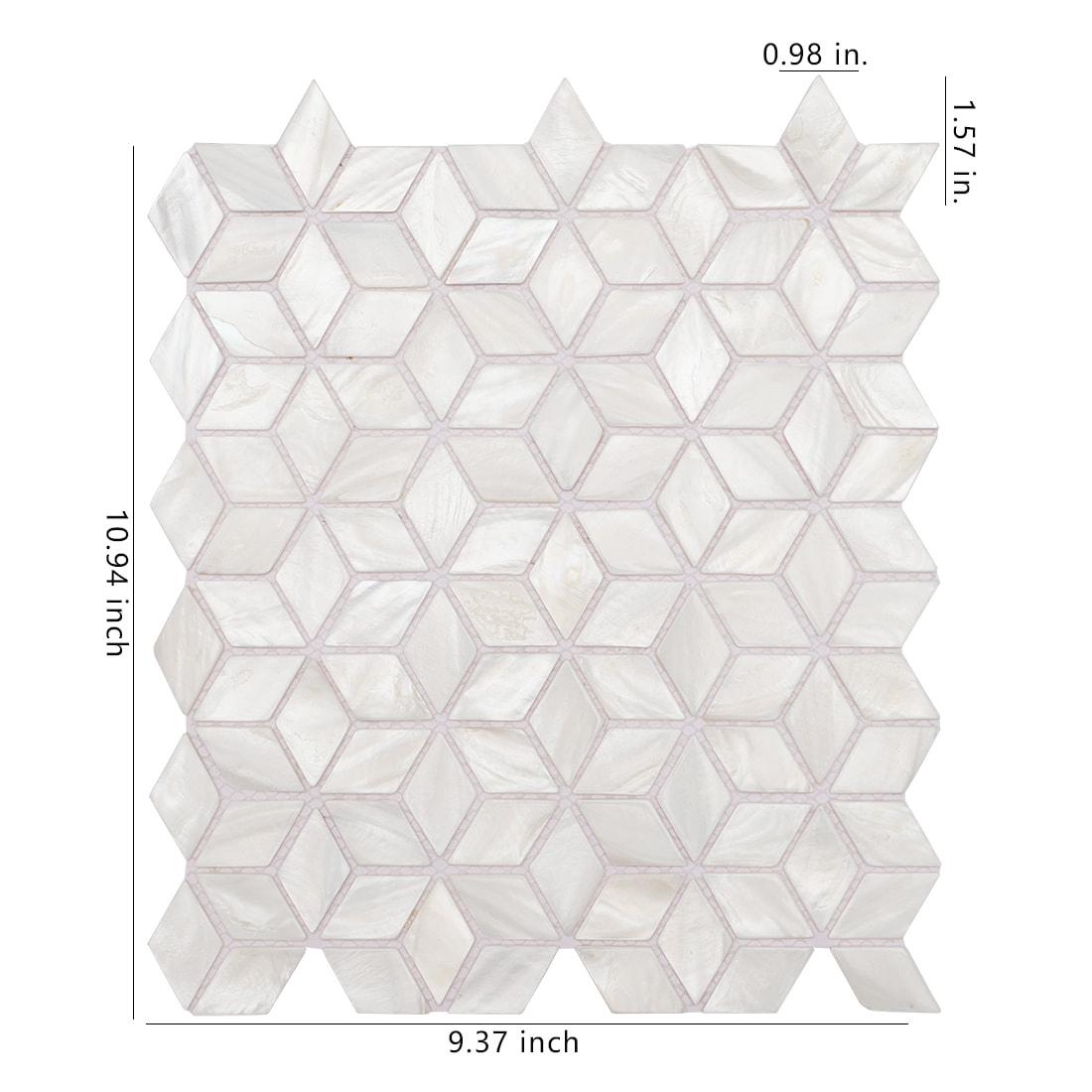 White shell cube mosaic tile sheet with size measurements
