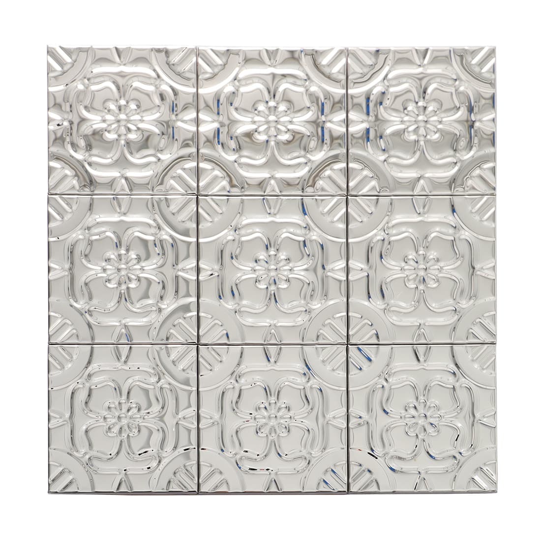 Glossy silver embossed flower design mosaic tile panel