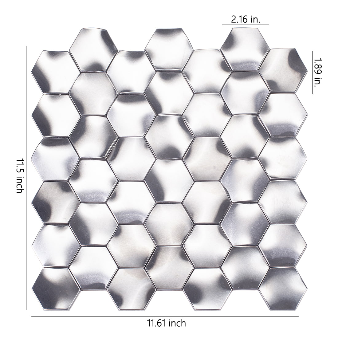 Silver 3D brushed hexagon metal mosaic tile sheet with dimension markings in inches.