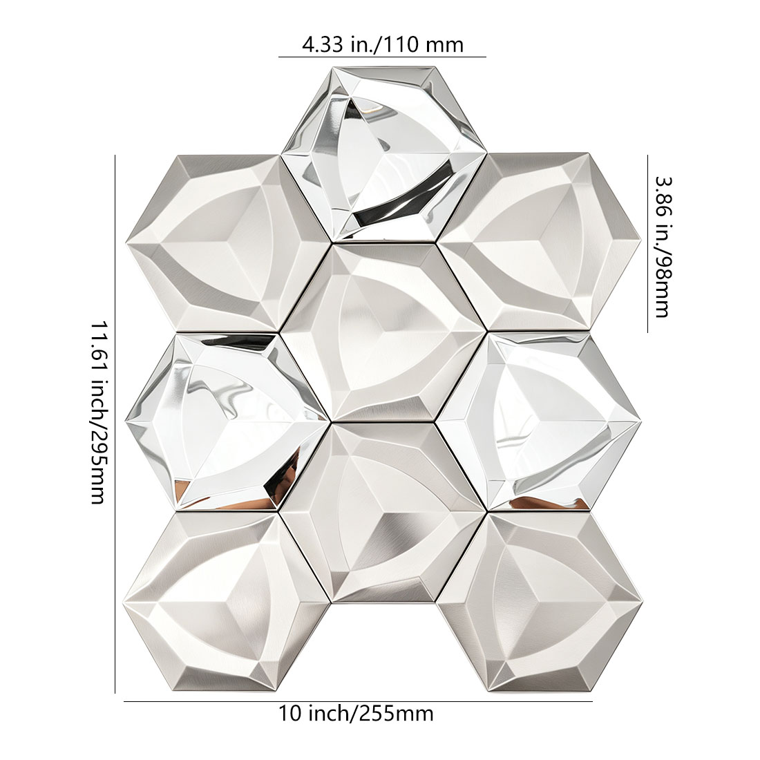 Silver 3D hexagon stainless steel mosaic tile sheet with size details