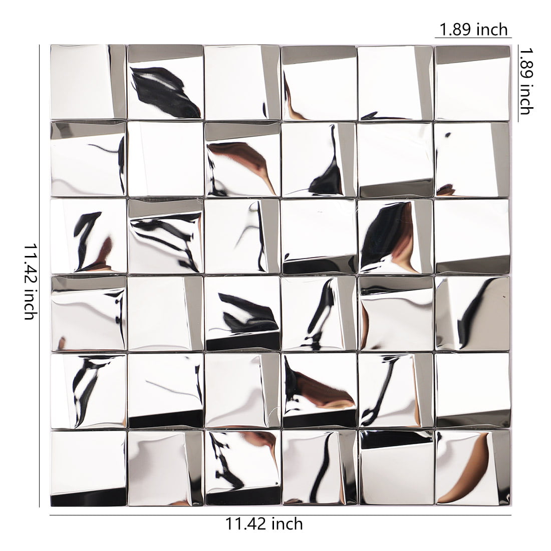 Silver 3D stainless steel mosaic sheet with 11.42 inch dimensions and 1.89 inch chips.