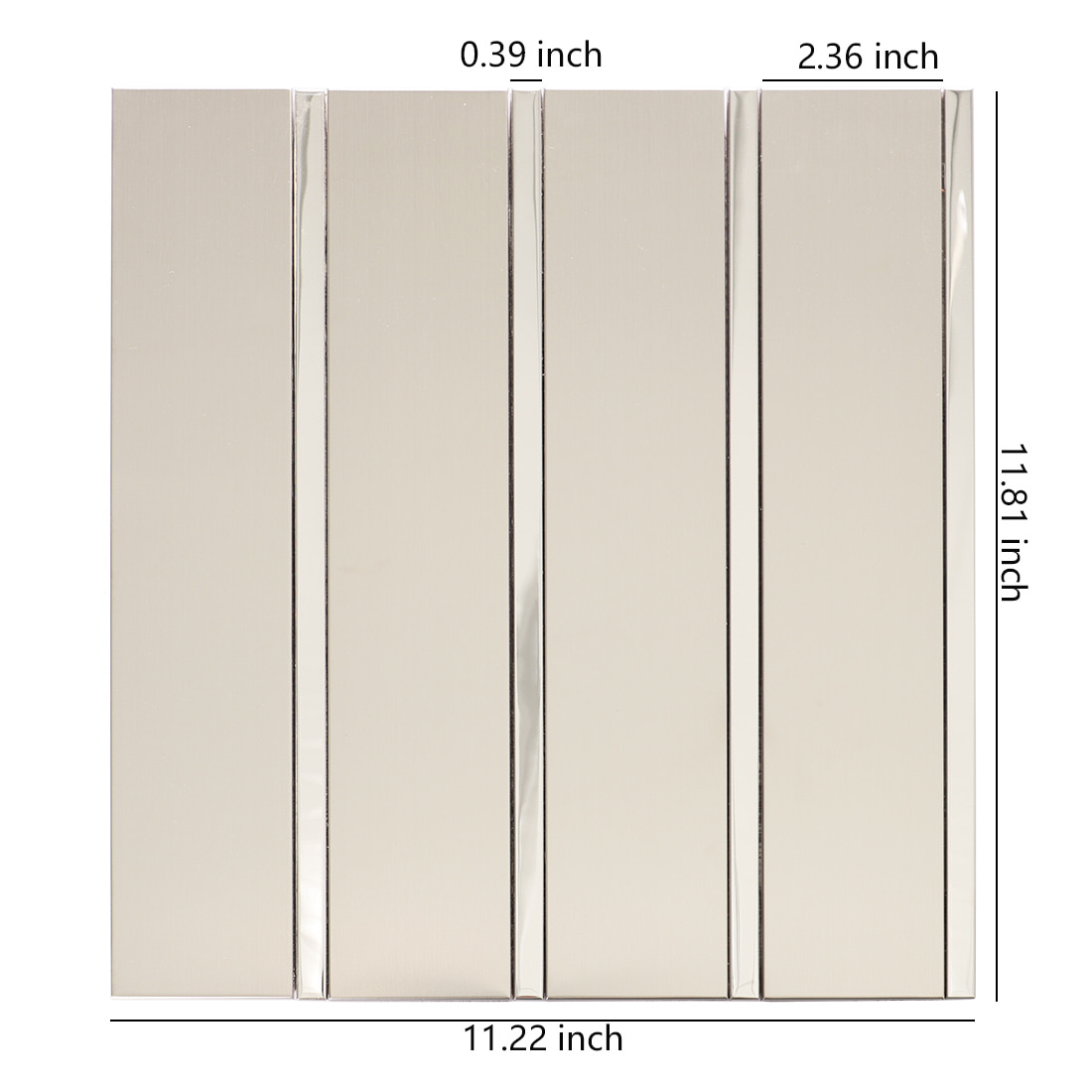 Silver brushed metal strip mosaic tile with size measurements 11.22x11.81 inches