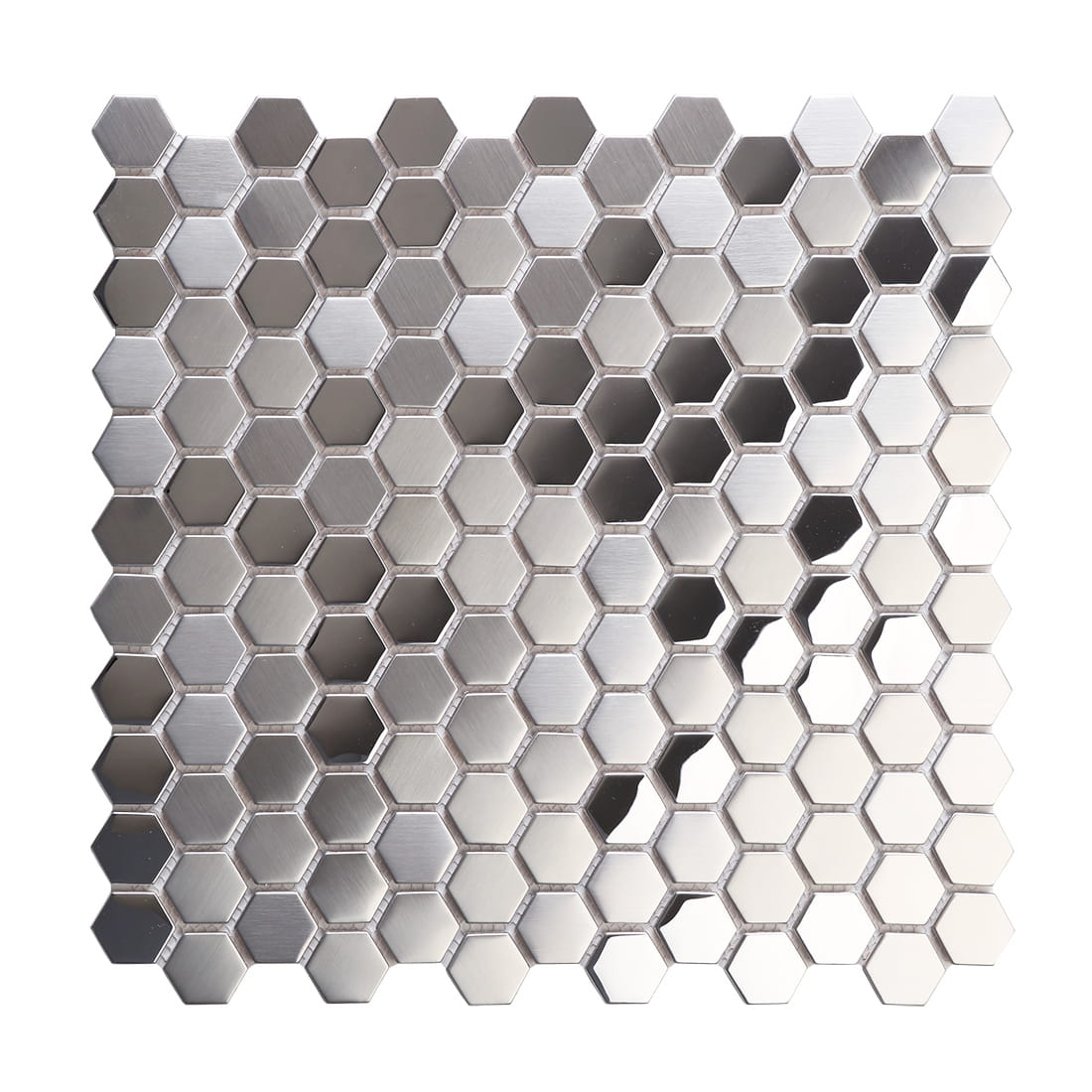 Full mesh-mounted sheet of silver stainless steel tiles with brushed finishes.