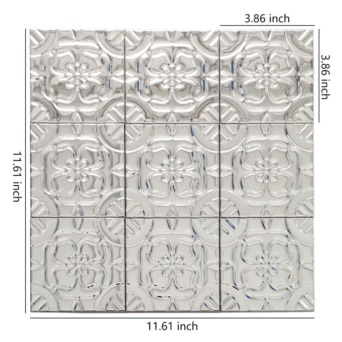 Silver metallic floral embossed mosaic tile sheet with size labels