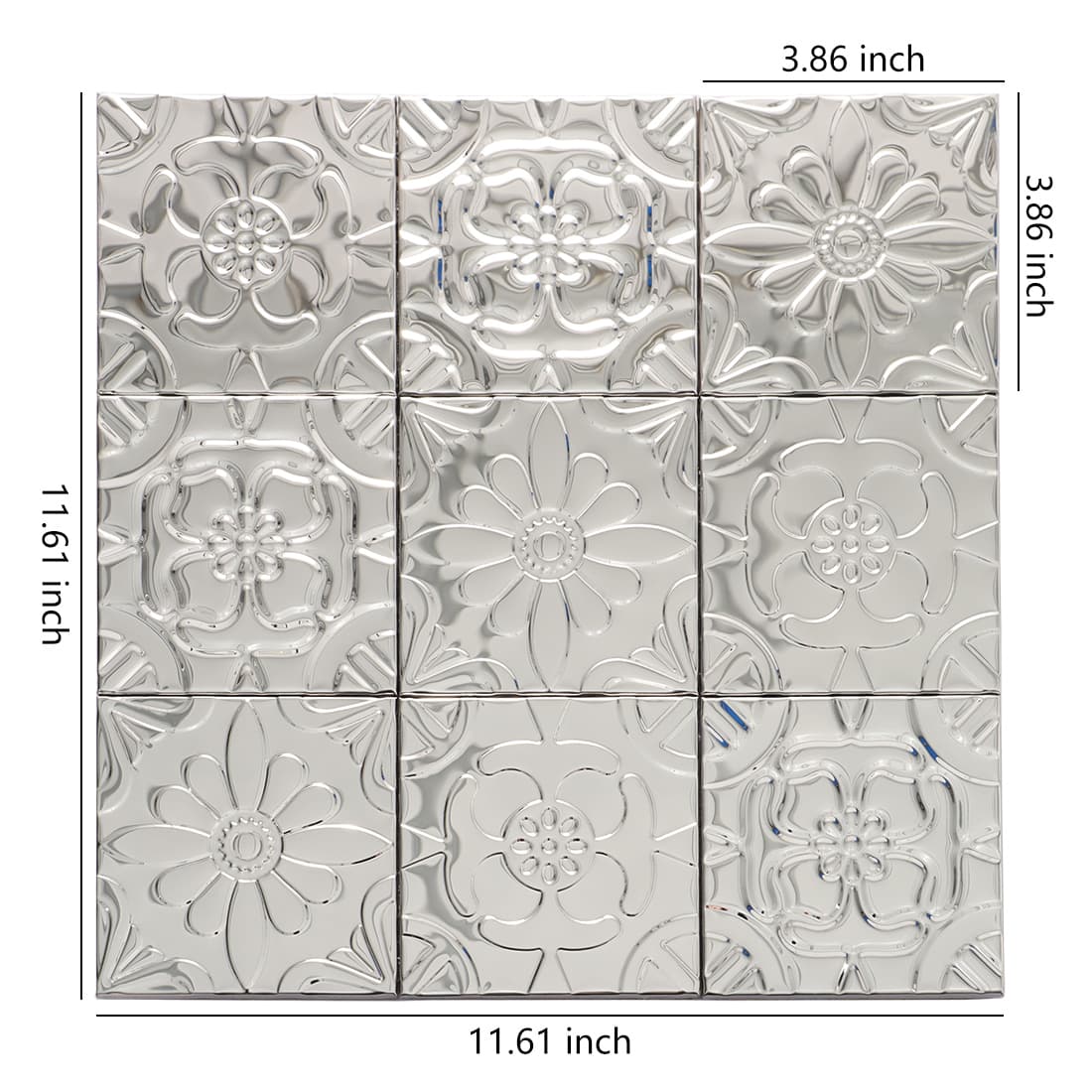 Shiny silver floral embossed mosaic tile panel with dimension markings