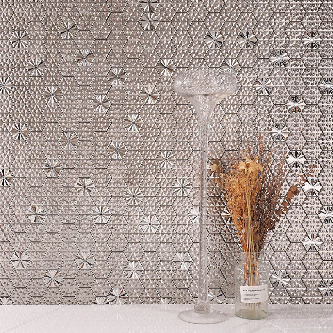 Silver geometric hexagon metal mosaic tile wall with 3D floral patterns