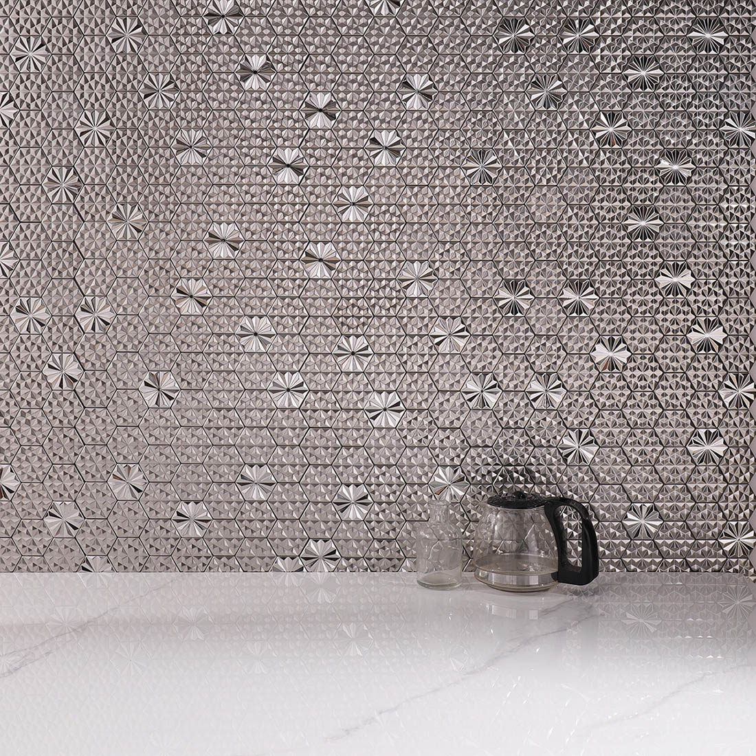 Silver geometric hexagon metal mosaic tile kitchen backsplash wall