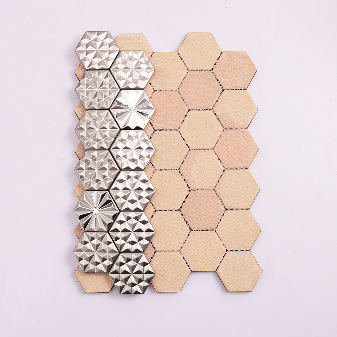 Back view of silver geometric hexagon metal mosaic tile sheet