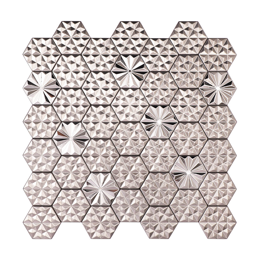 Full sheet of silver geometric hexagon metal mosaic tiles