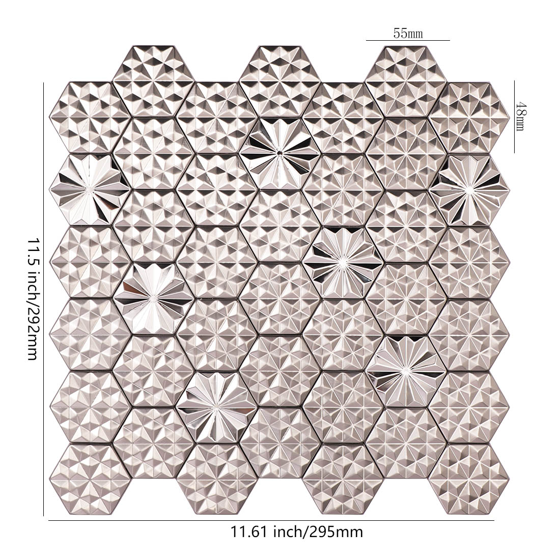 Silver geometric hexagon metal mosaic tile sheet with mixed 3D patterns