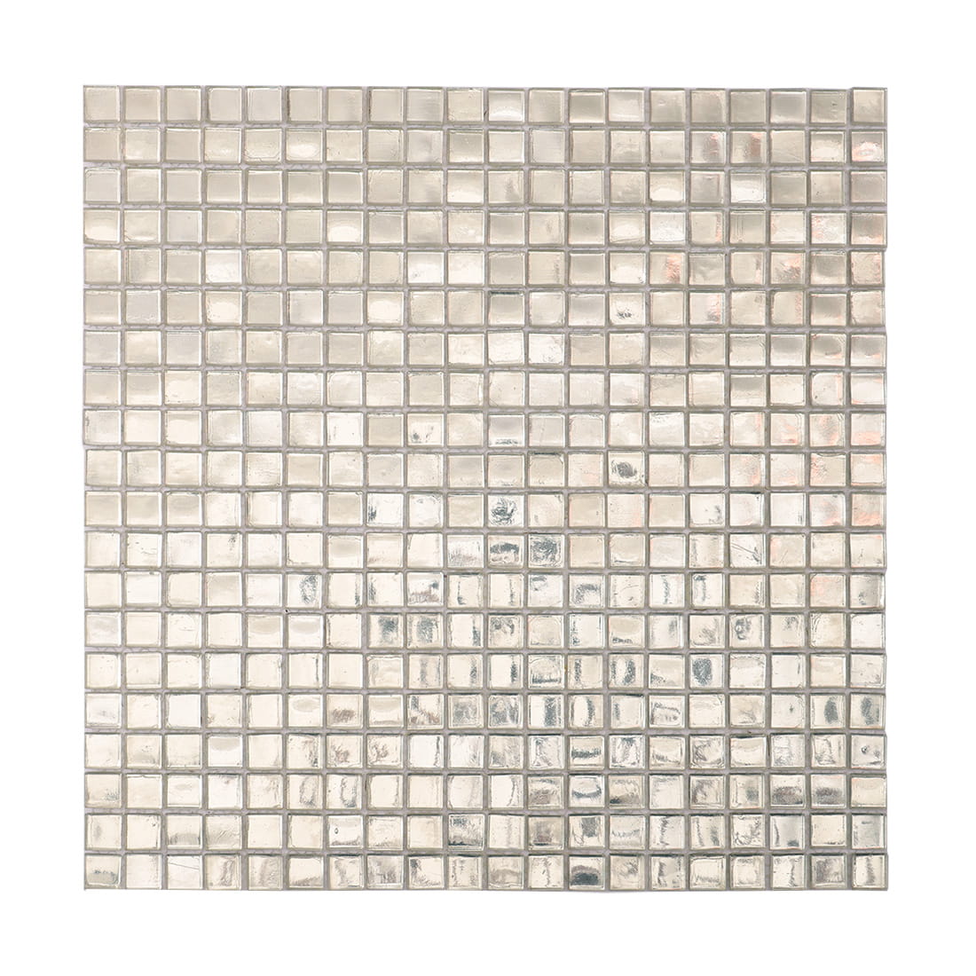 Full view of silver glass foil mosaic tile sheet with uniform square grid