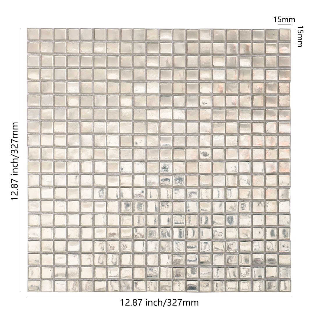 Silver glass foil mosaic tile sheet with labeled size
