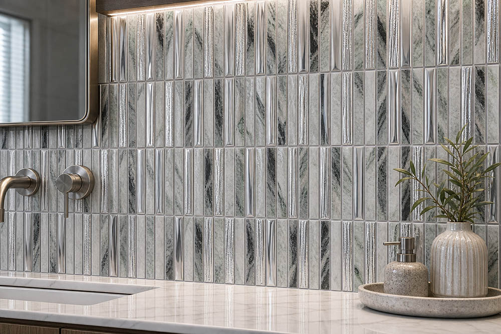 {"default":"Silver gray kit kat mosaic backsplash with marble texture behind bathroom sink"}
