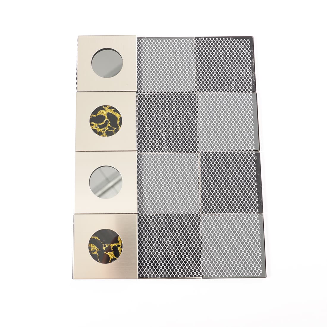 Back of silver brushed metal mosaic tile with fiber mesh backing