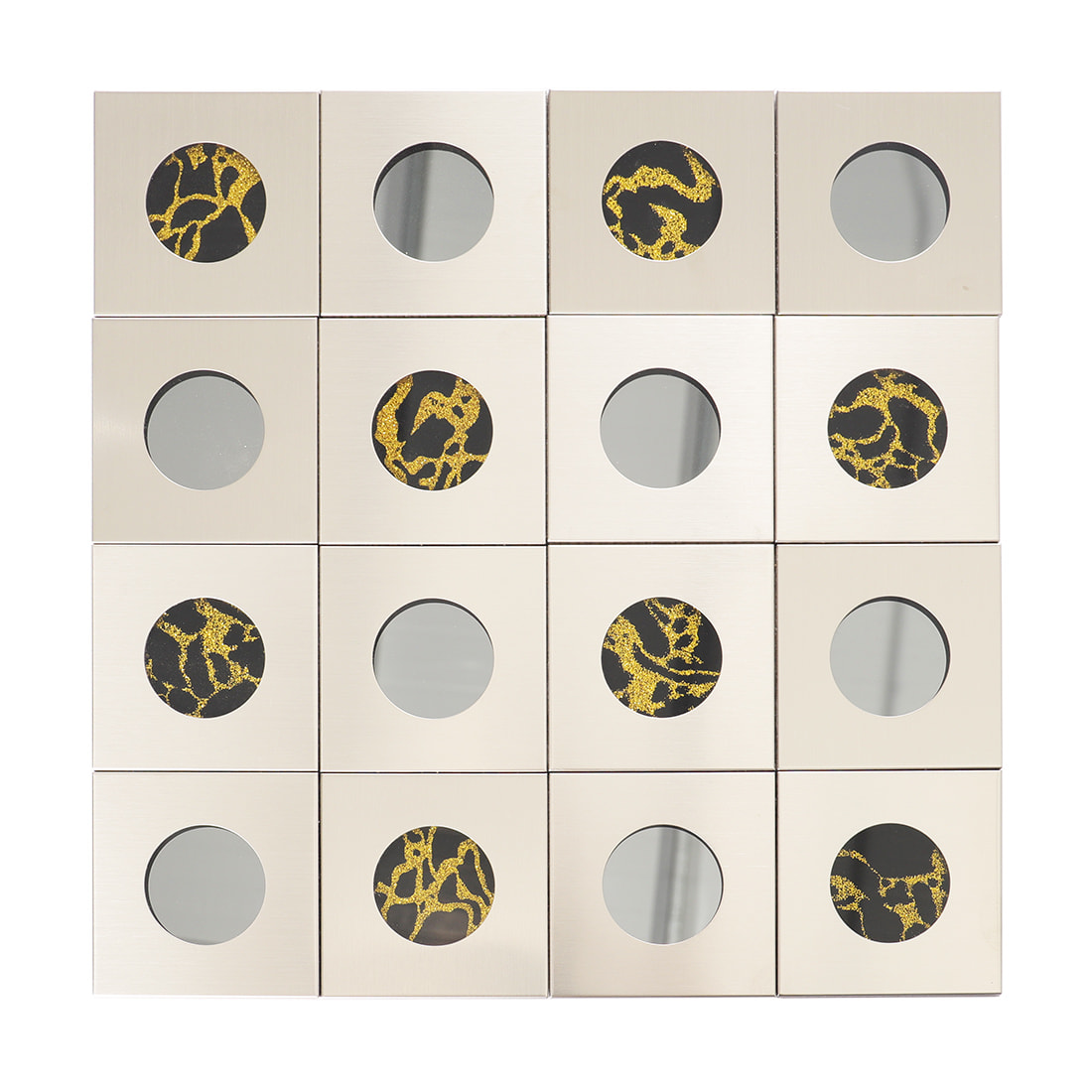 Close-up of silver brushed metal mosaic with round glass inlay