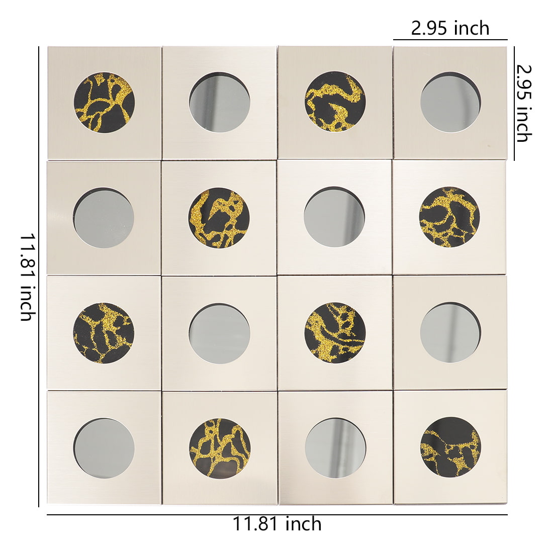 Silver brushed metal mosaic tile with round glass accents, showing sheet and chip size