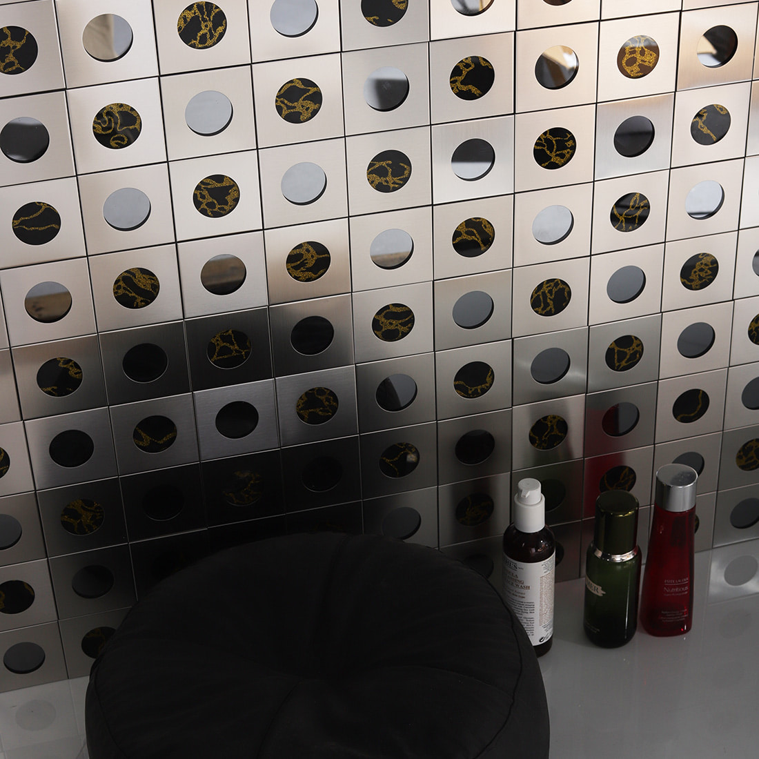 Interior wall with rose gold brushed stainless steel strip mosaic tile