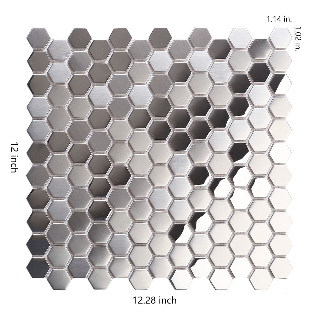 Silver hexagon mosaic sheet showing 12.28 by 12 inch dimensions and tile size.