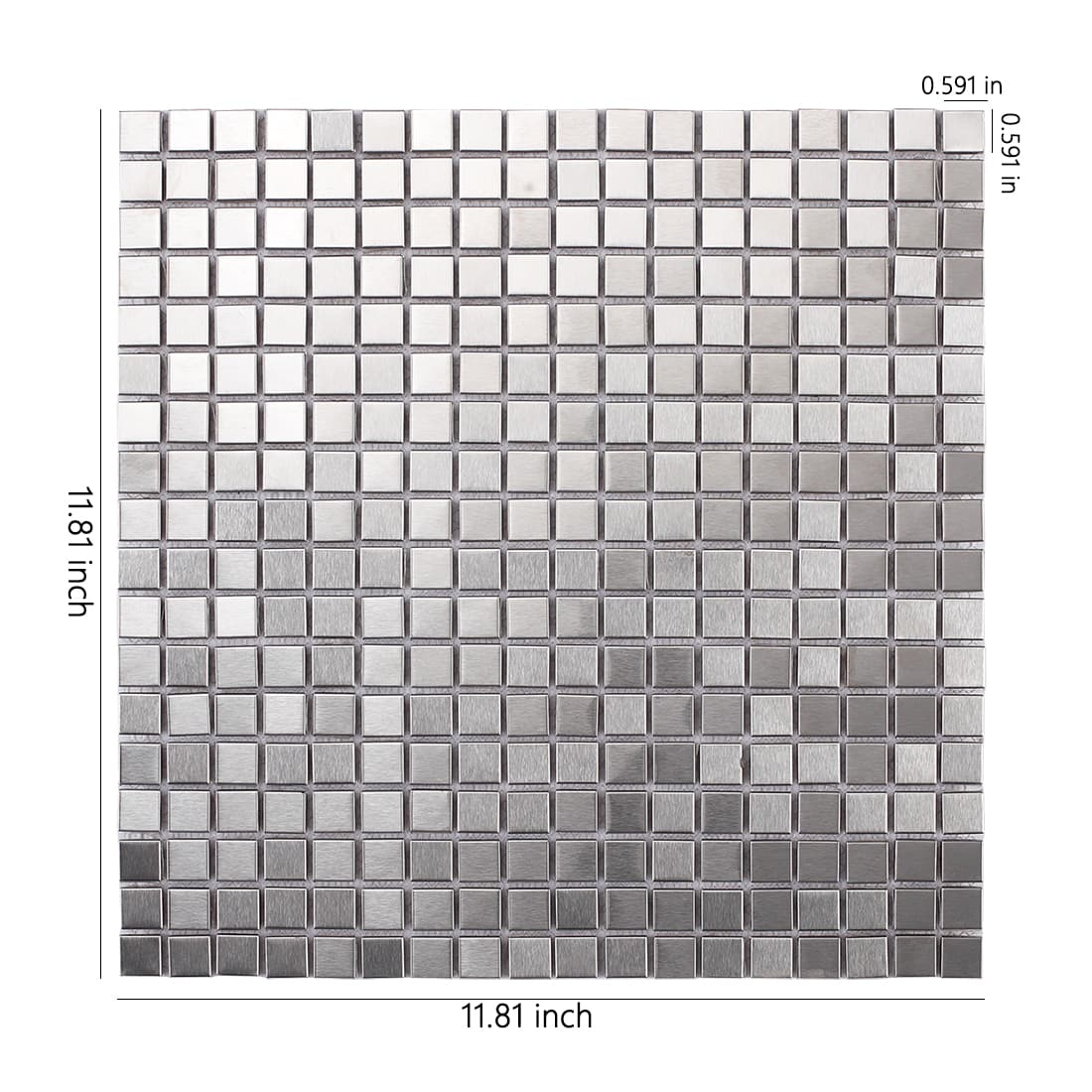 Silver stainless steel mosaic tile sheet showing 11.81 inch square dimensions and chip size.