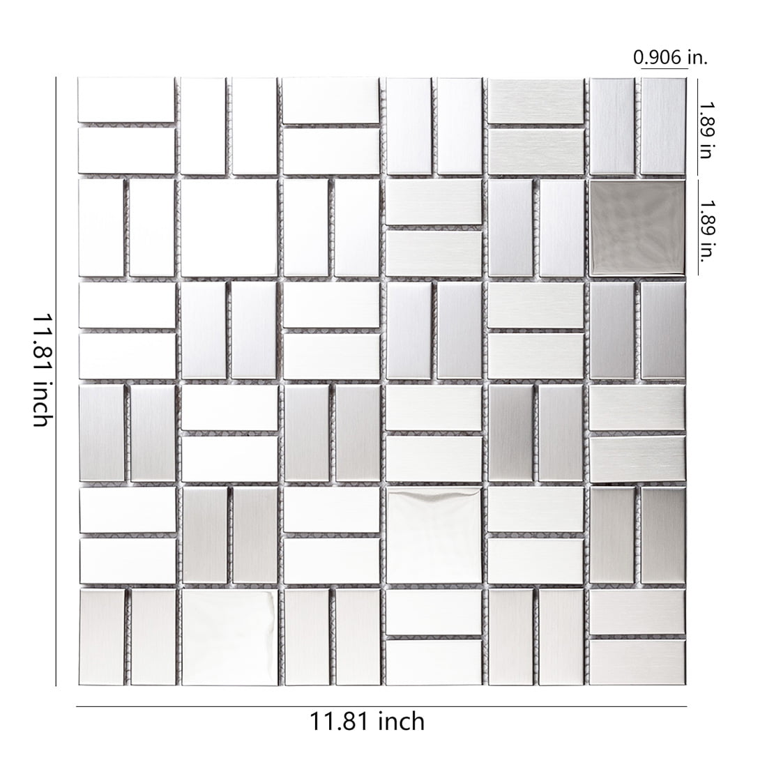 Silver stainless steel mosaic sheet with rectangular tiles and dimensions shown.