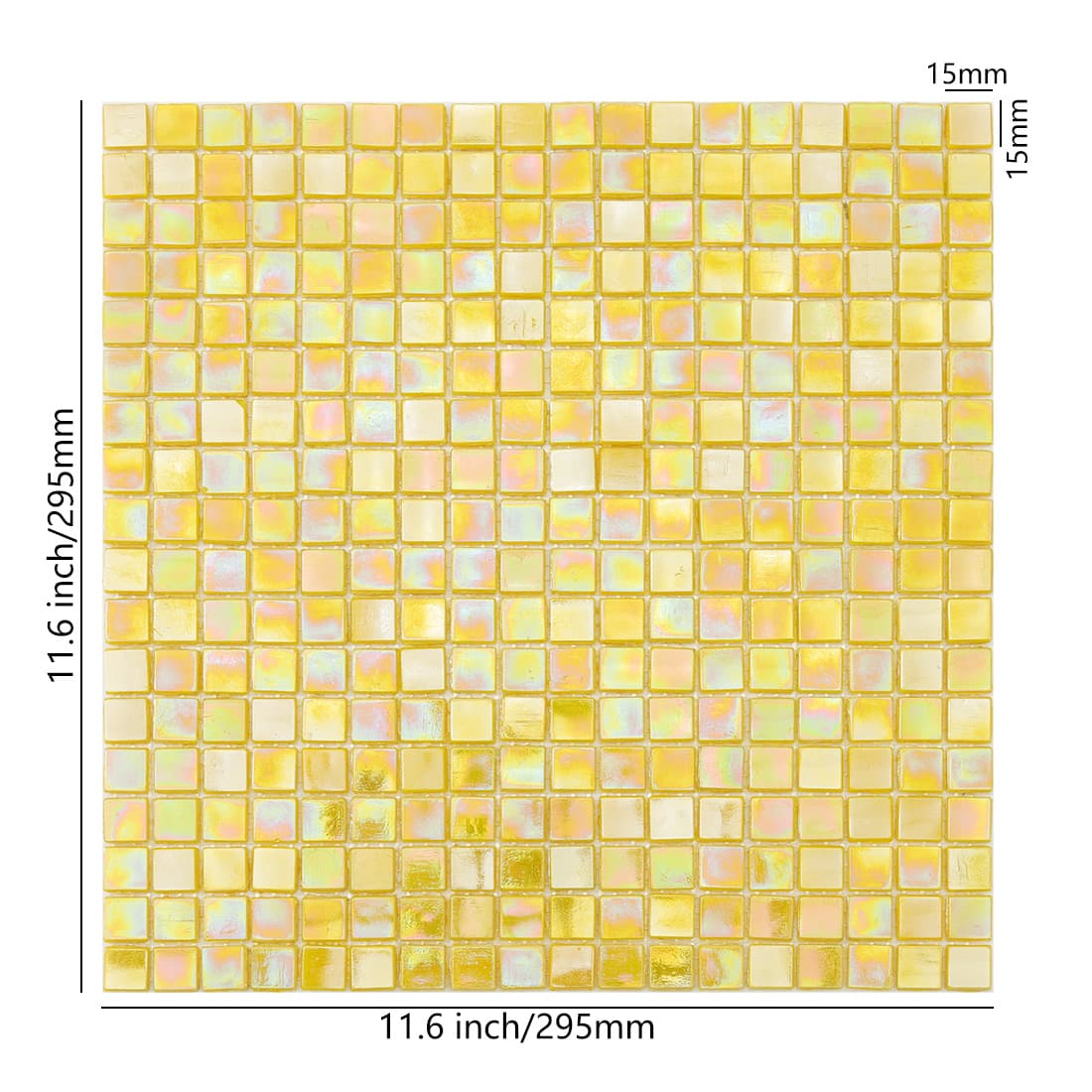Soft pale yellow iridescent glass mosaic tile sheet with subtle rainbow sheen and size labels