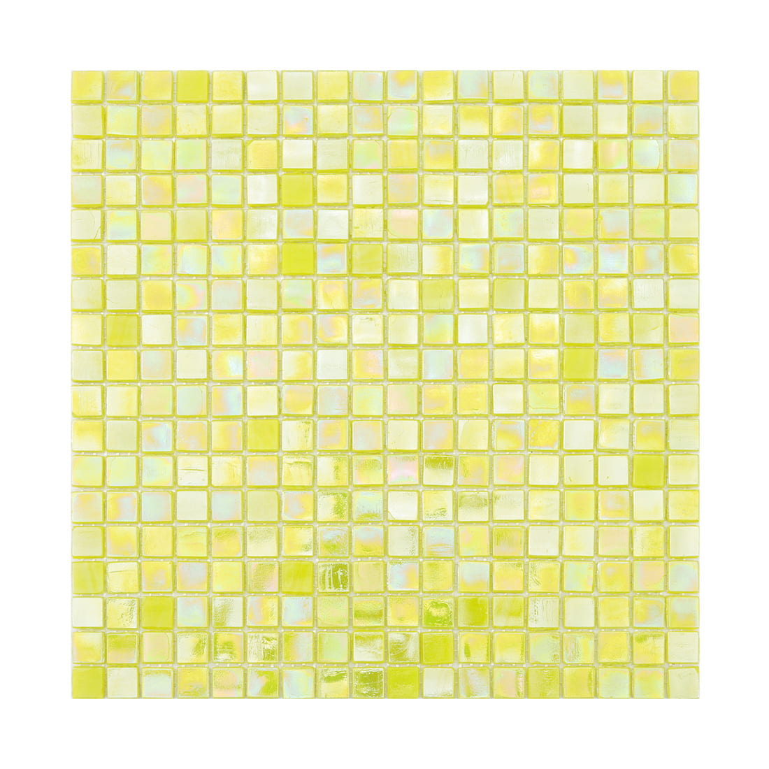 Uniform pearlescent lime yellow glass mosaic tiles arranged on white mesh backing