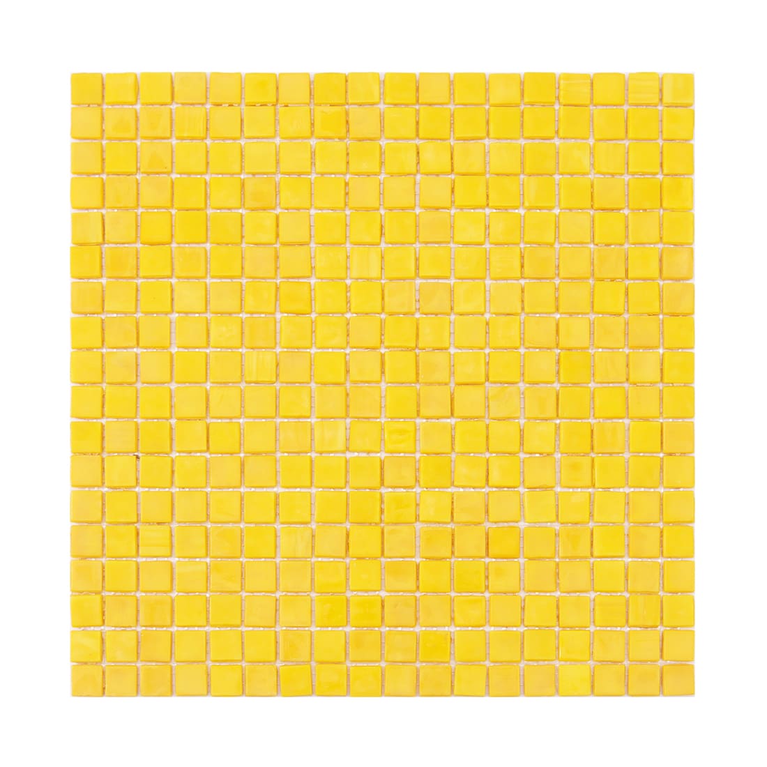 Solid bright yellow small square glass mosaic tiles on white mesh backing