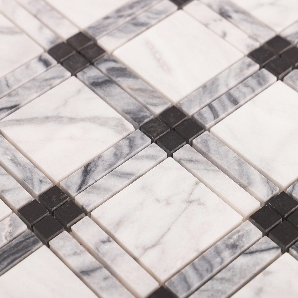 Macro texture of polished white marble squares, gray liners, and black dot accents.