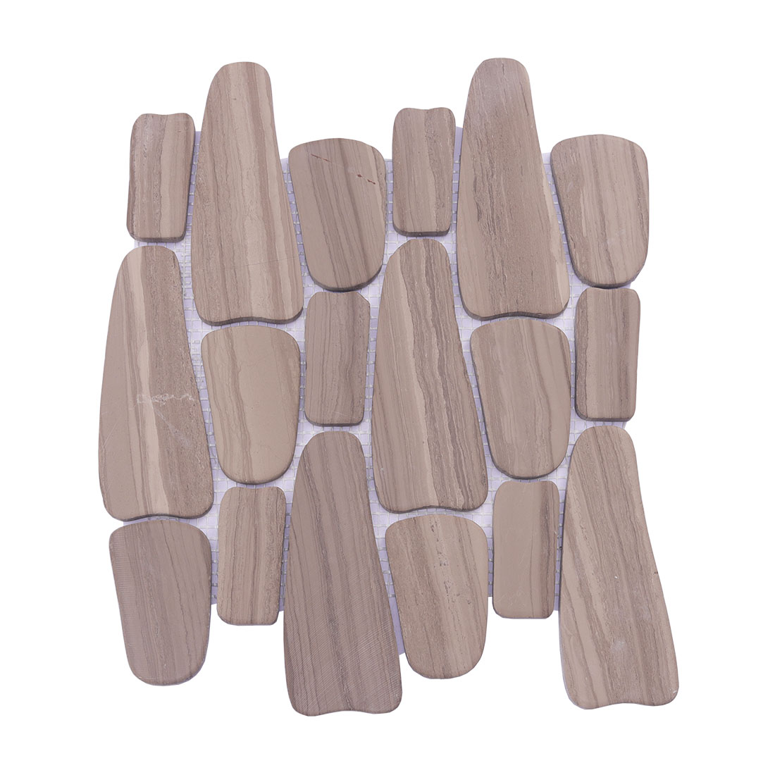 Full sheet of taupe pebble stone mosaic tiles in mixed freeform shapes