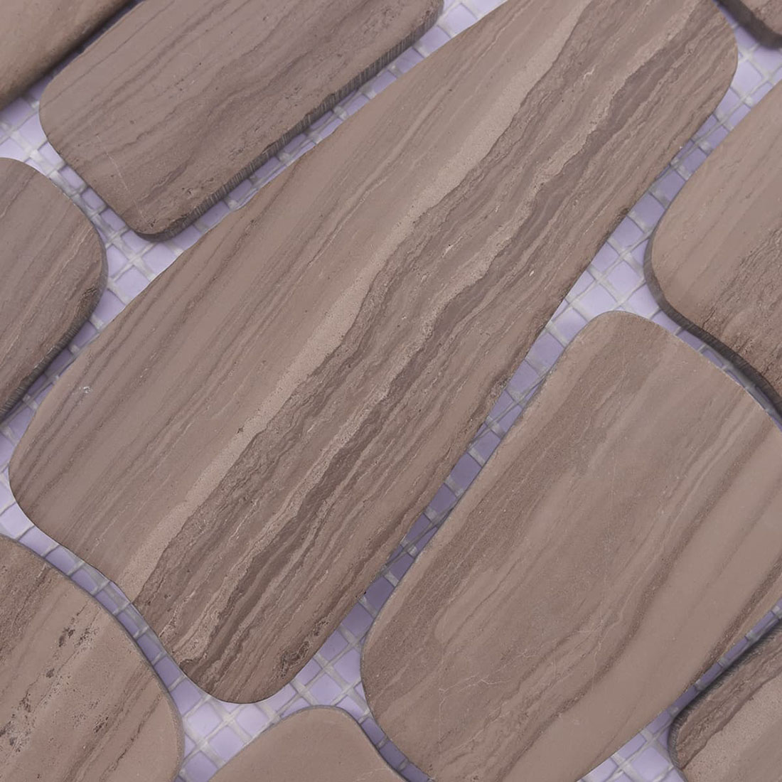 Taupe pebble stone mosaic tiles with flowing veins and smooth rounded edges