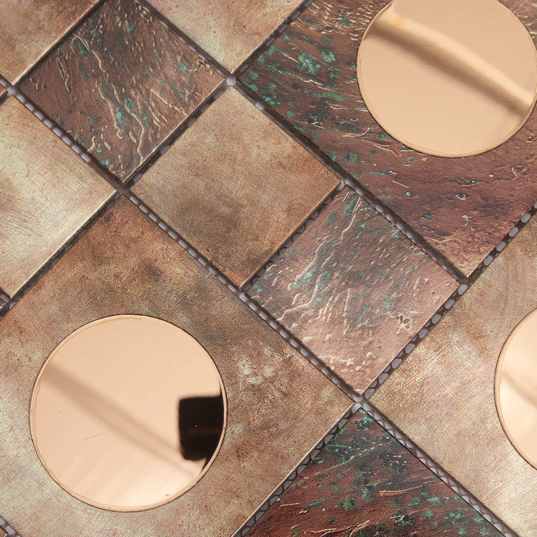 Textured copper aluminum mosaic tile with rose gold round mirror accents