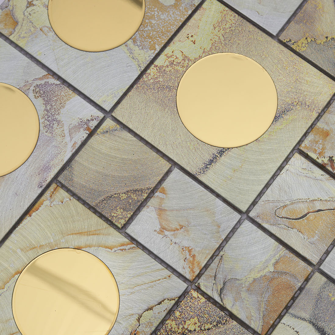 Textured cream aluminum mosaic tile with gold circular mirror accents