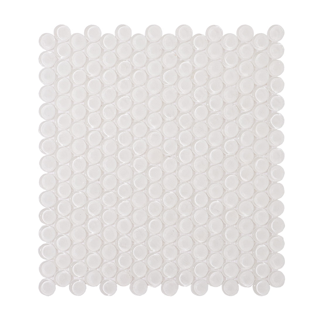 A full mesh-backed sheet of translucent white penny round glass mosaic tiles.