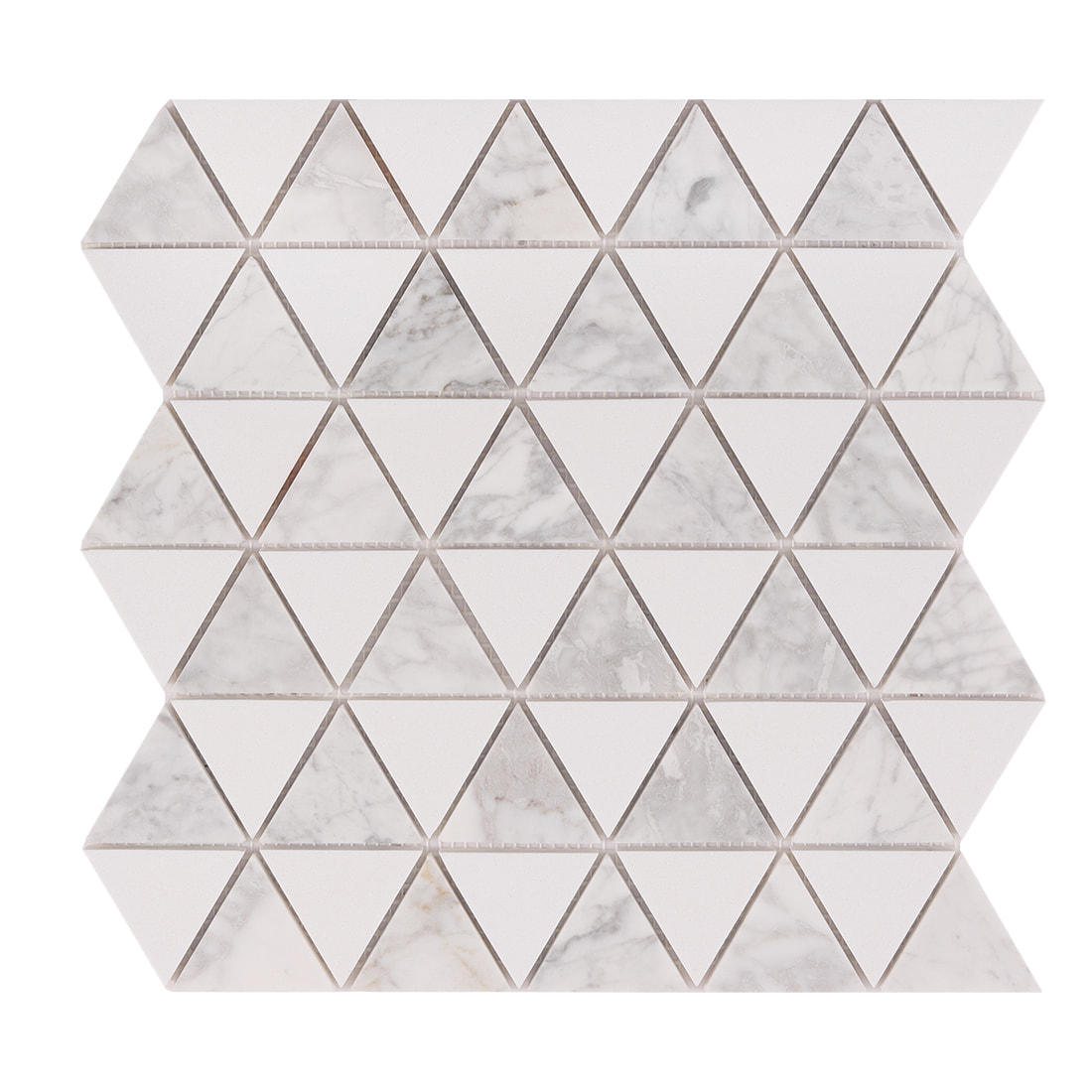 Front view of triangle marble and white mosaic tile sheet on white background