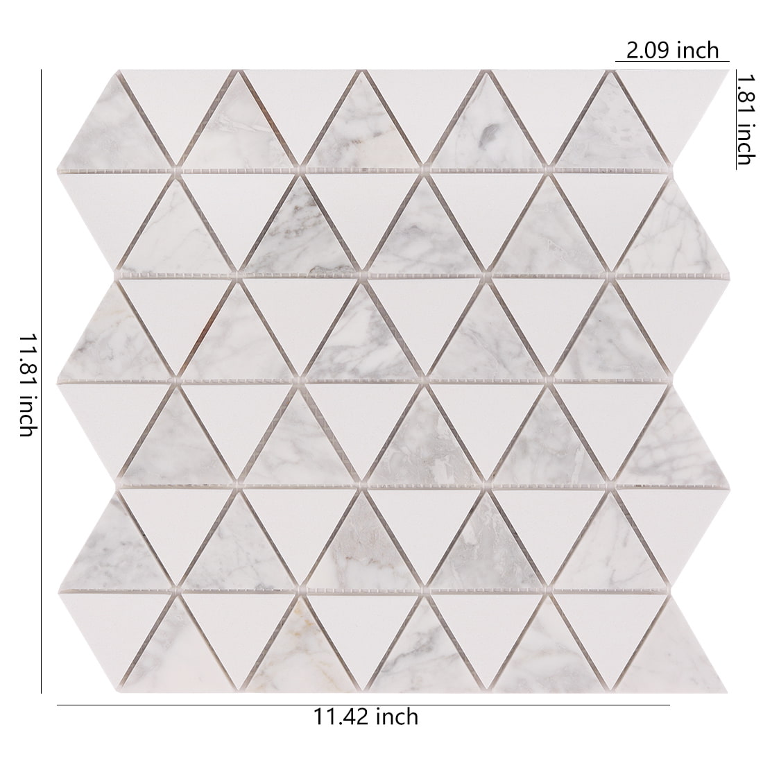 Triangle marble and white mosaic sheet with size measurements on white background