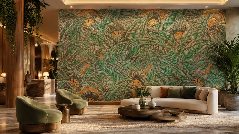 {"default":"Tropical mosaic mural decorative wall tiles in a luxury hotel lobby"}
